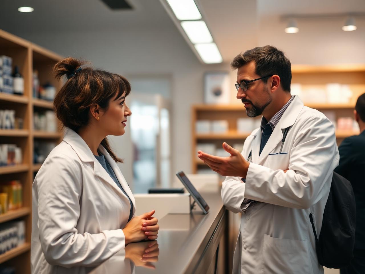 Pharmacienne conseillant un patient au comptoir